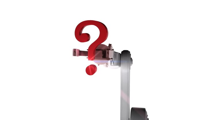 Digitally generated video of white robotic arm holding red question mark 3d near server