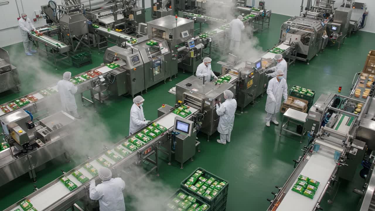 Aerial View of a High-Tech Food Processing Facility with Workers in White Coats and Hairnets Engaged in Efficient Packaging and Production Operations