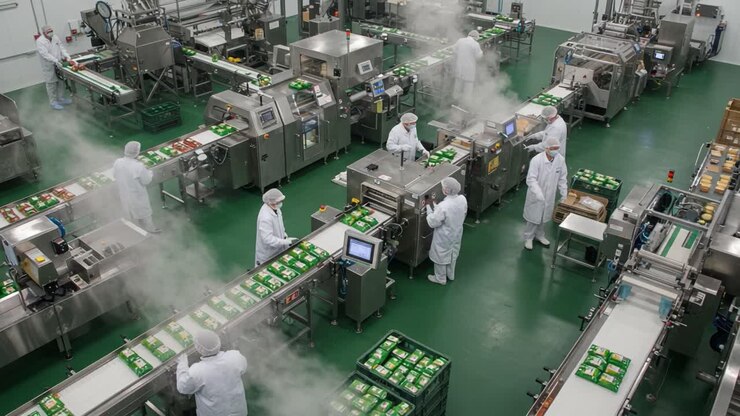 Aerial View of a High-Tech Food Processing Facility with Workers in White Coats and Hairnets Engaged in Efficient Packaging and Production Operations