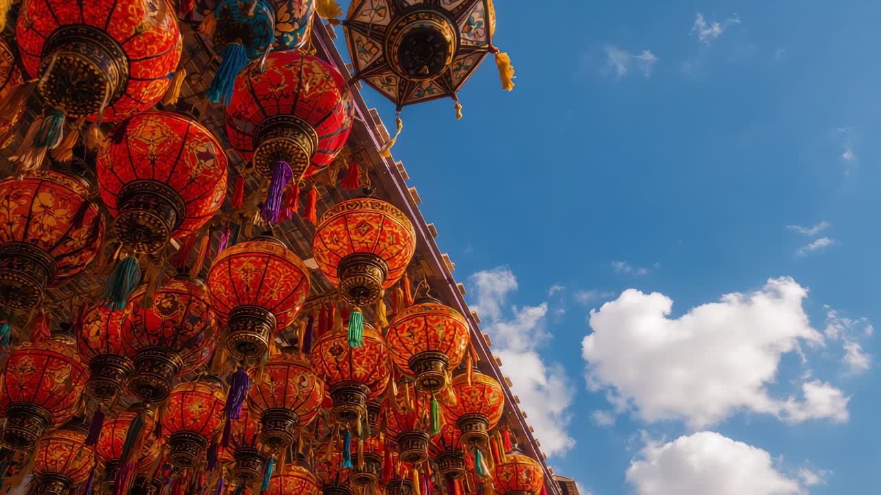 Tilting camera revealing dense cluster of red hanging lanterns with tassels at eave, copy space