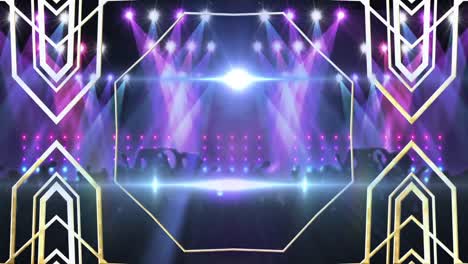Animation-of-gold-shapes-moving-over-dancing-crowd-with-pink-and-blue-spotlights