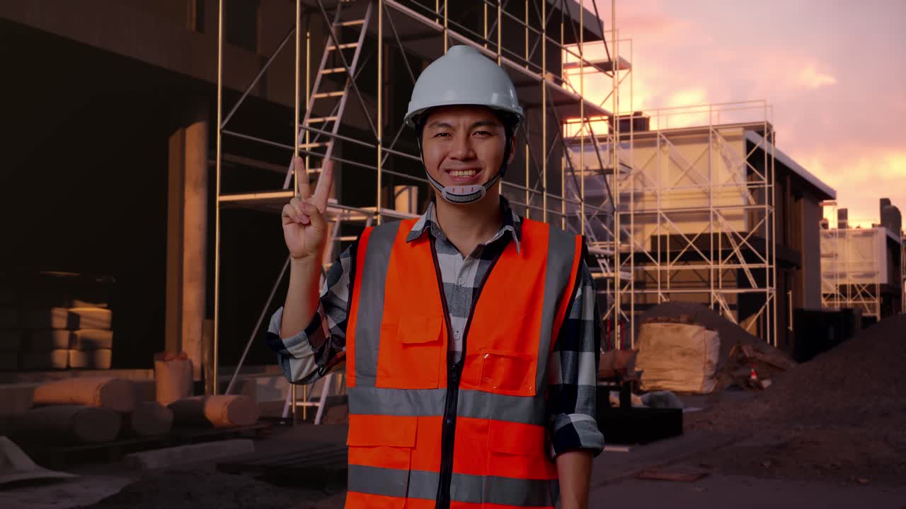 Smiling Construction Worker Making Peace Sign at Sunset