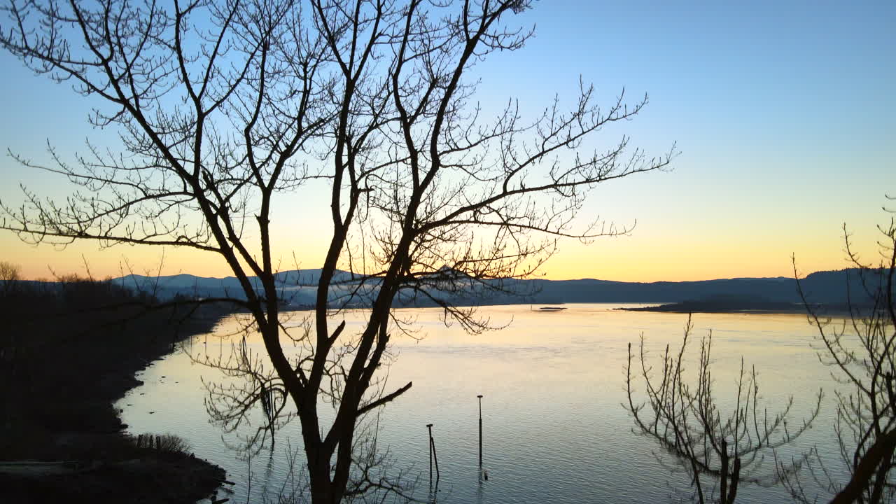 드론이 날아가는 아름다운 풍경, 나무 위로 솟아올라 큰 호수 위로 멋진 일출을 드러냅니다.