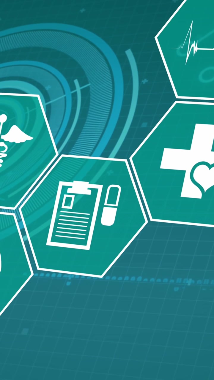 Animazione di icone mediche ed elaborazione di dati scientifici su sfondo verde