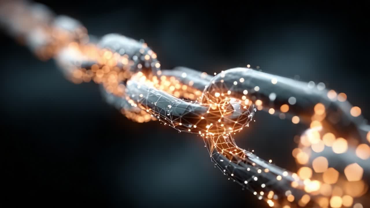 A Glowing Chain Link: An Artistic Representation of Connection and Strength with a Futuristic Tech Aesthetic Showcasing Twinkling Lights and Interlinked Structure