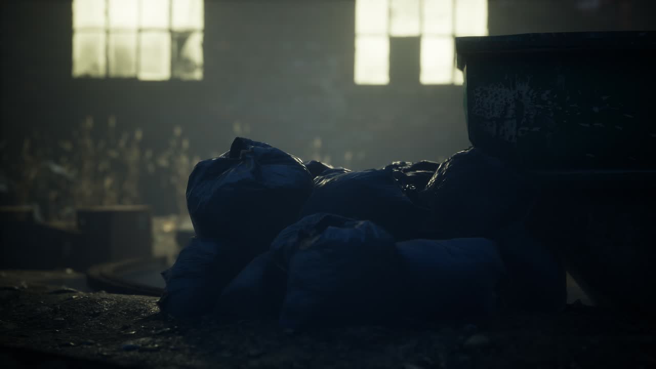 밤에 시내 거리에서 쓰레기 봉투