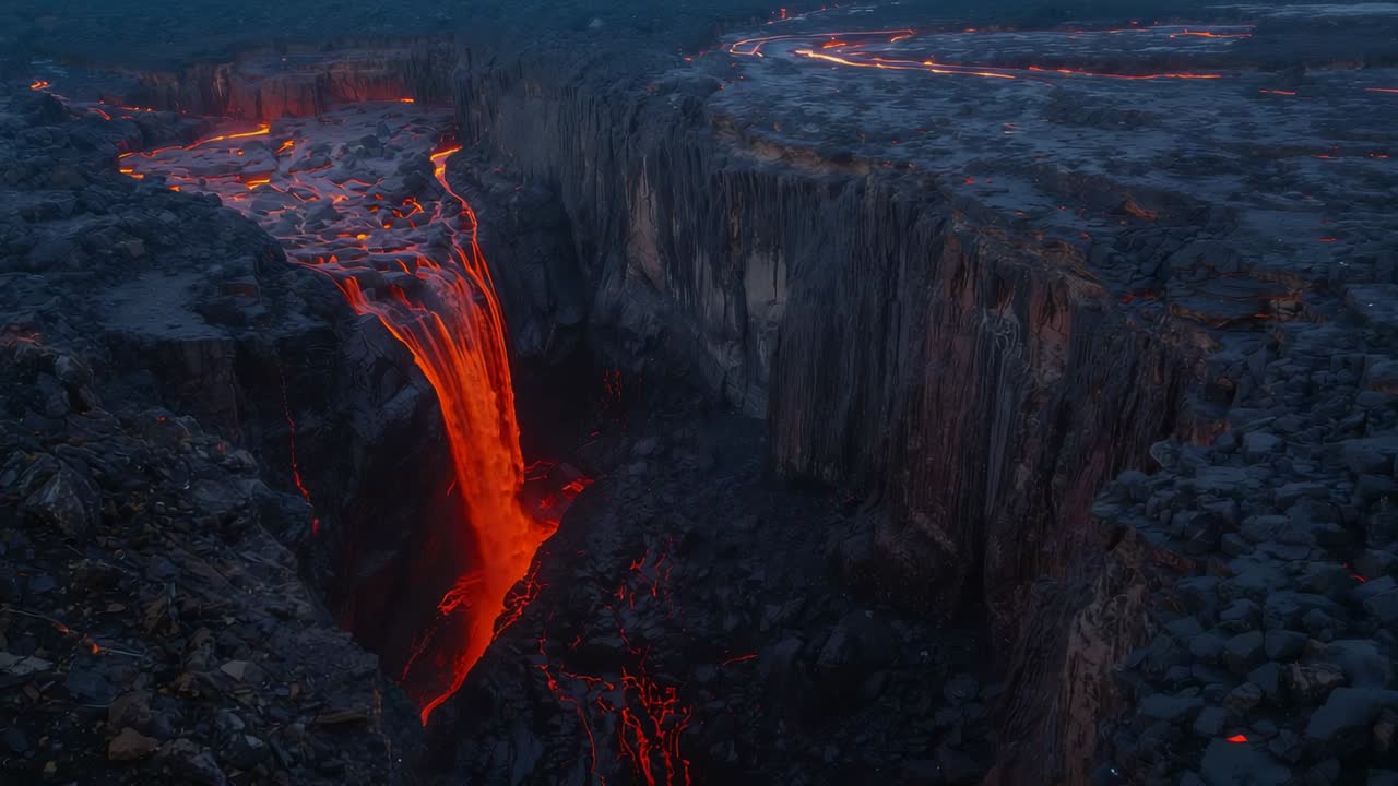 Lava channel under pressure pushing lava over cliff edge into canyon on plateau, waterfall forming