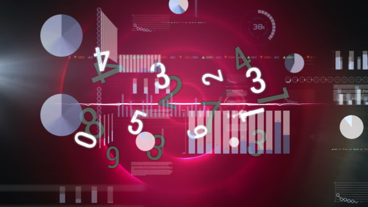 통계 데이터 처리, 변화하는 숫자 및 순환 움직임의 분홍색 빛 트레일의 애니메이션