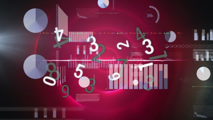 Animation of statistical data processing, changing numbers and pink light trails in circular motion