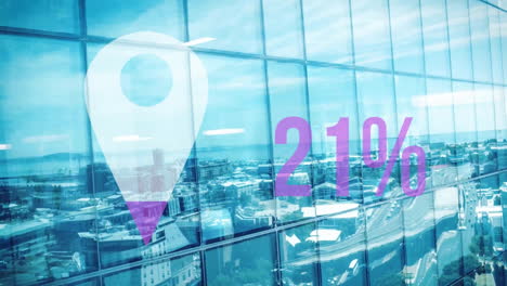 animation of location pin and data processing over cityscape