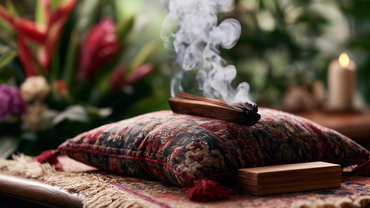 A Serene Moment of Incense Burning on a Decorative Pillow Surrounded by Lush Greenery, Creating a Calming Atmosphere with Soft Smoke Flowing Elegantly