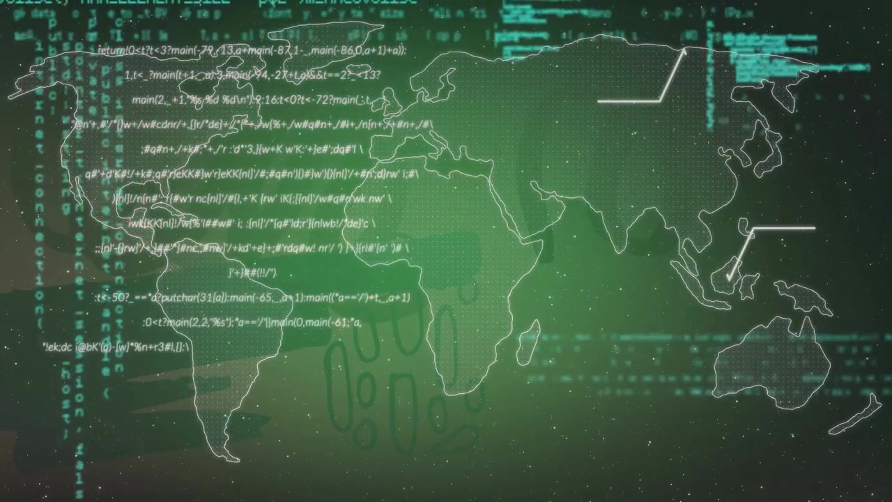 Digital World Map with Scrolling Programming Code Overlay