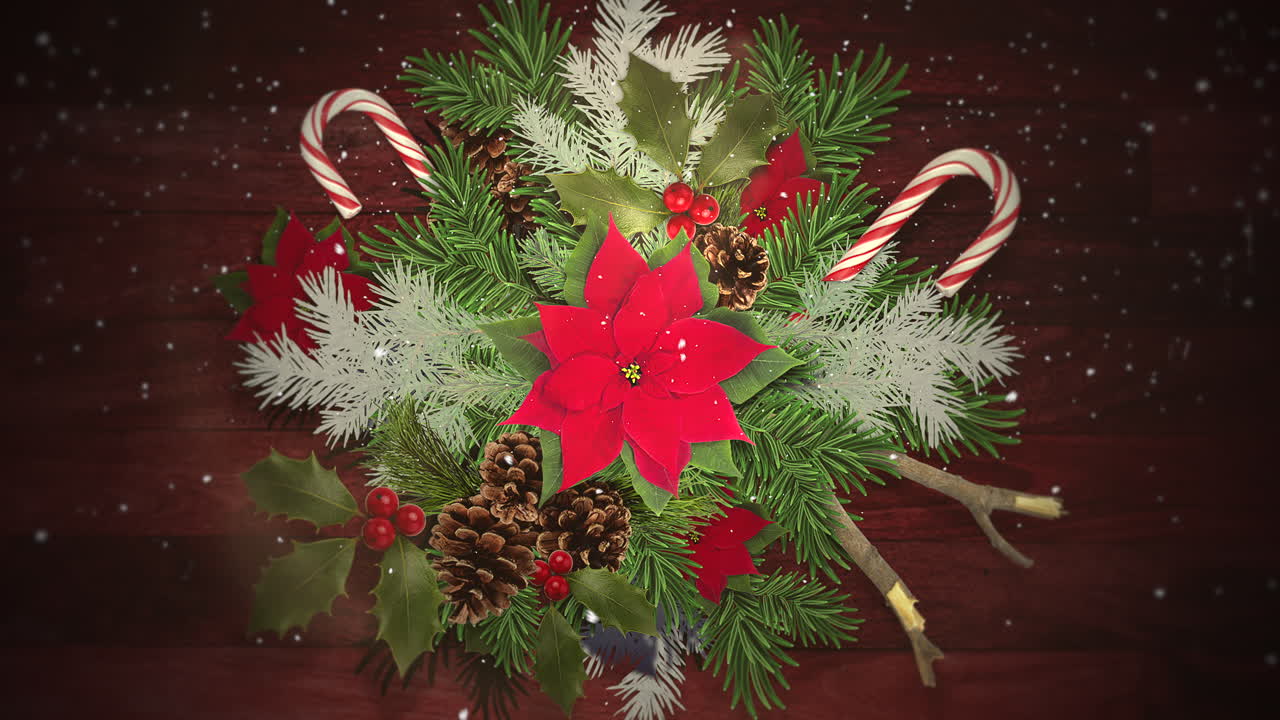 primer plano animado copos de nieve blancos en dulces y ramas verdes de navidad 1