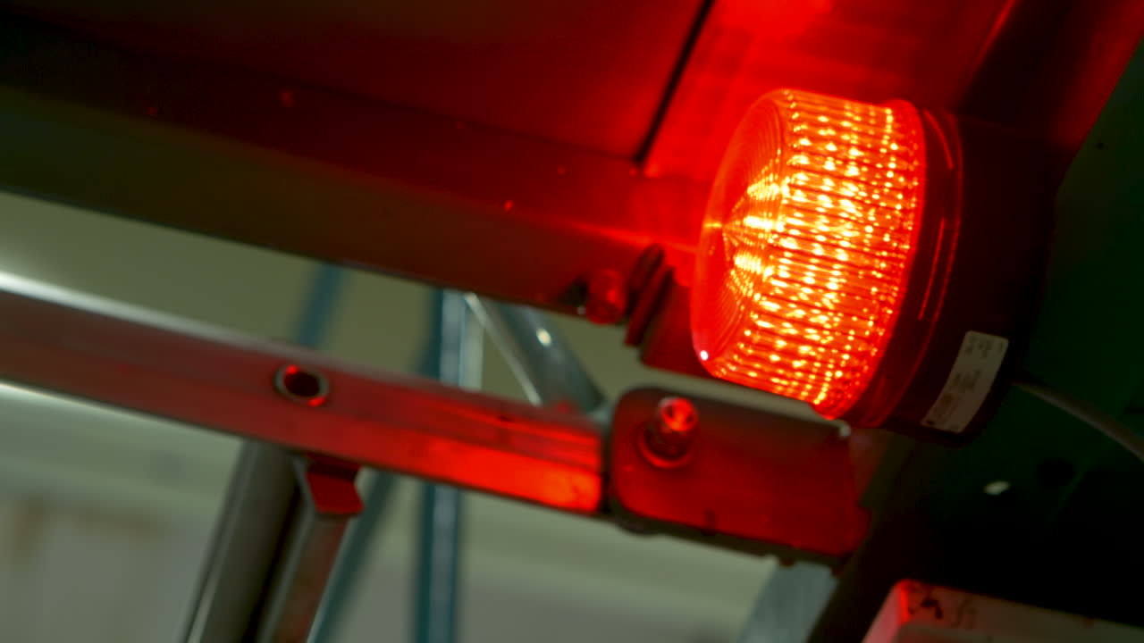 Closeup of a blinking red warning facetet warning light in a factory