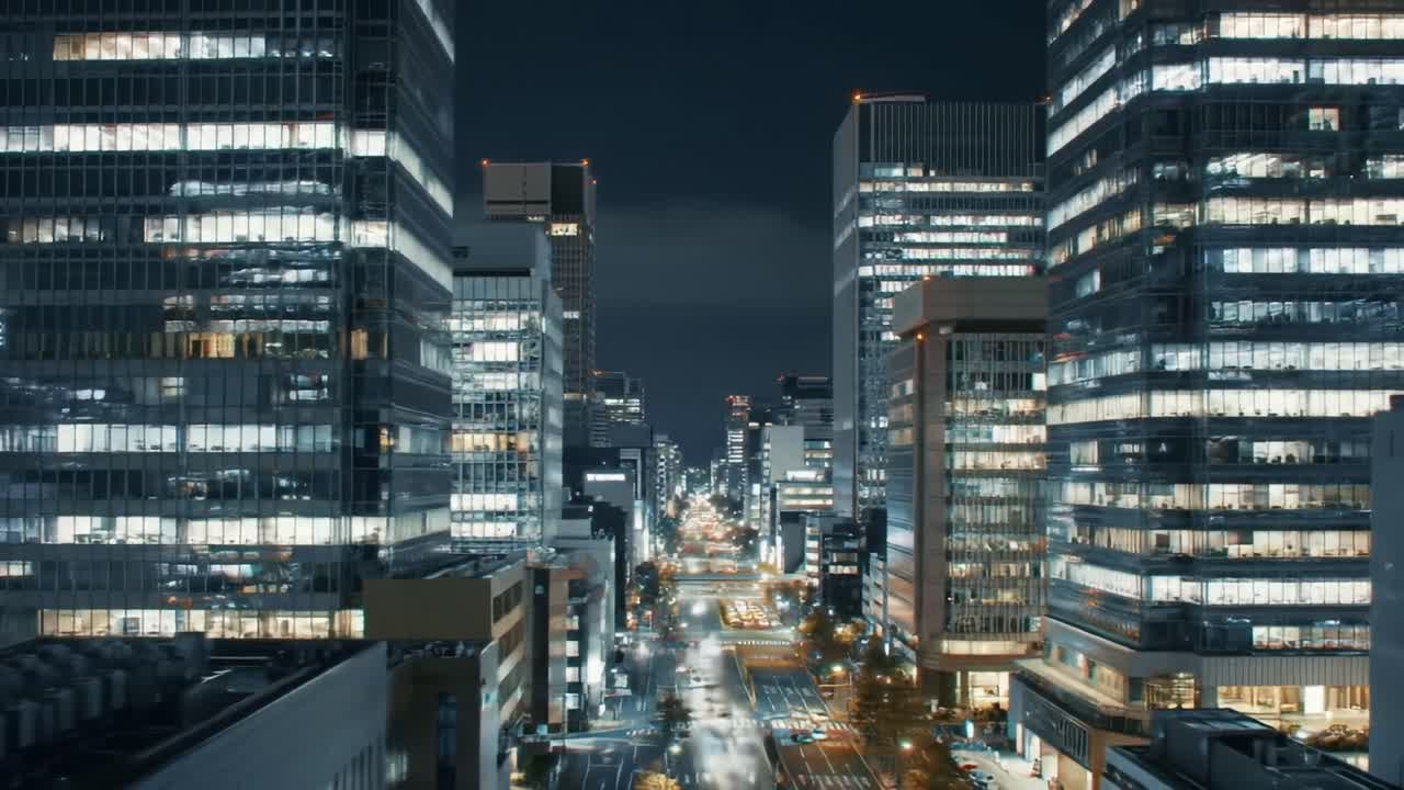 A Serene Nightscape of Urban Architecture Illuminated by City Lights, Showcasing the Modern Skyline and Vibrant Life of a Metropolitan City