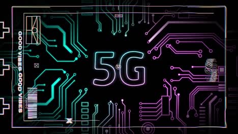 animation of 5g text and data processing over computer circuit board