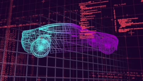 Animation-of-data-processing-over-grid-network-against-spinning-3d-car-model-on-black-background