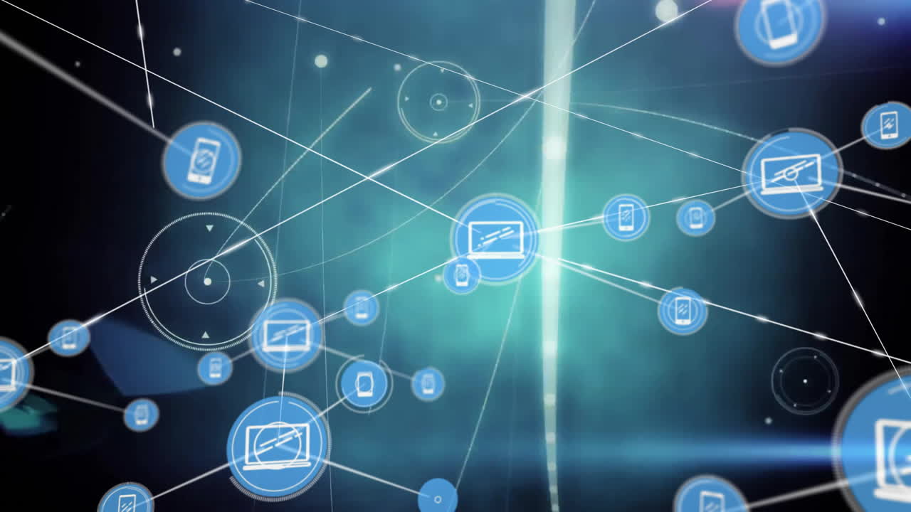 animación de red de dispositivos conectados y transferencia de datos sobre fondo azul