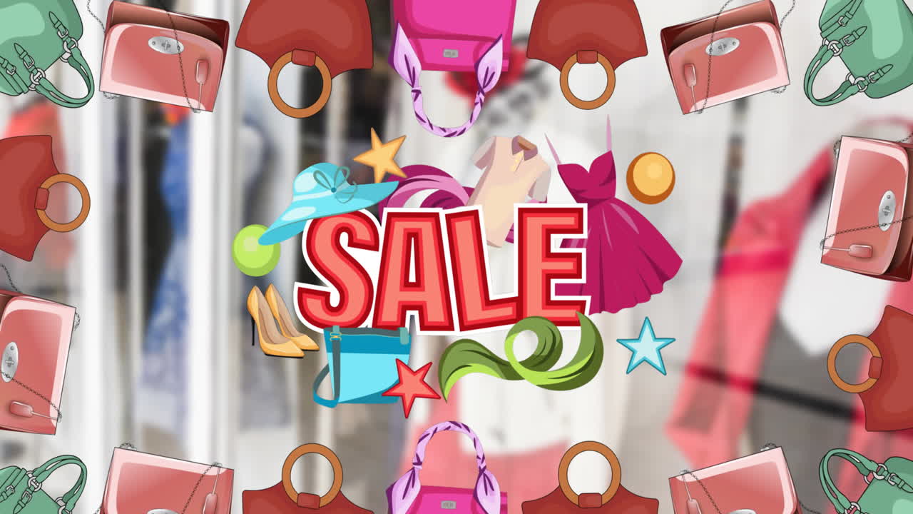 판매 텍스트와 패션 아이템 아이콘의 애니메이션 옷과 함께 상점 이상