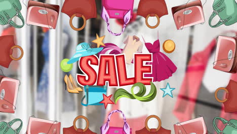animación de texto de venta y iconos de artículos de moda sobre la tienda con ropa