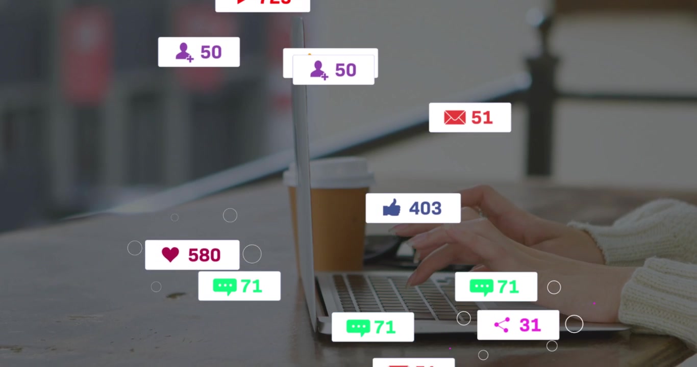Woman starting typing on laptop, popping social icons, counts rising then fading for marketing