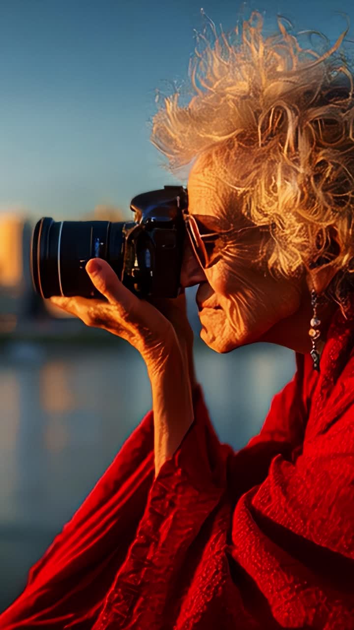 Capturing Moments: An Inspiring Elderly Photographer Embracing Life's Beauty Through Her Camera Lens at Sunset with Vibrant Colors and Joyful Expression