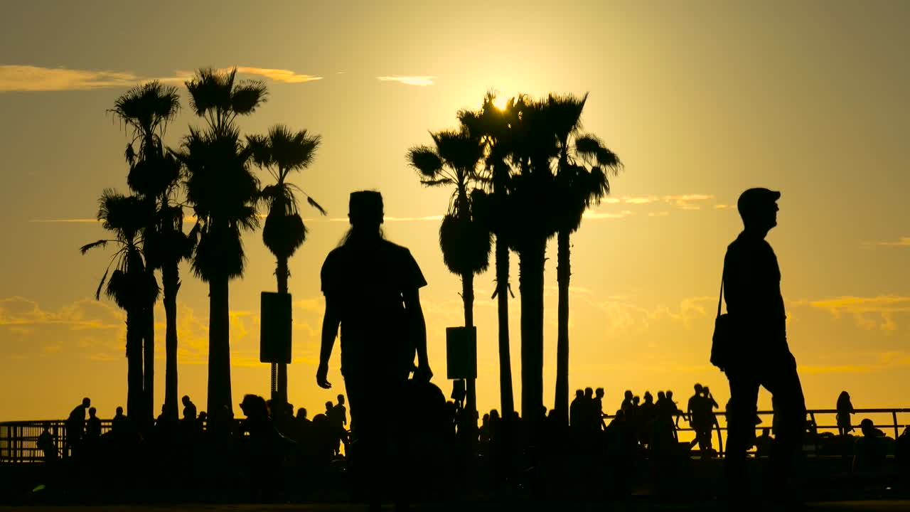 Sunset Beach Scene with Palm Trees and People