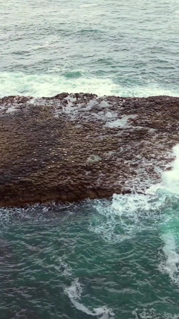 Video aereo in formato verticale (rapporto per social media) con movimento da sinistra a destra della Giant's Causeway a Bushmills, Contea di Antrim, Irlanda del Nord, Regno Unito. Prodotto in formato verticale 1080x1920 con colore Rec709