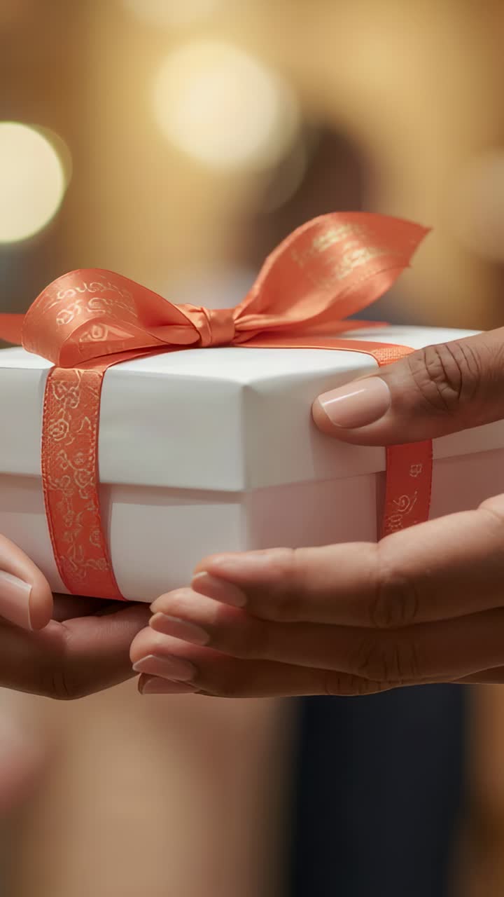 Vertical video: Passing white gift box, right hand reaching, securing orange ribbon at party, bokeh