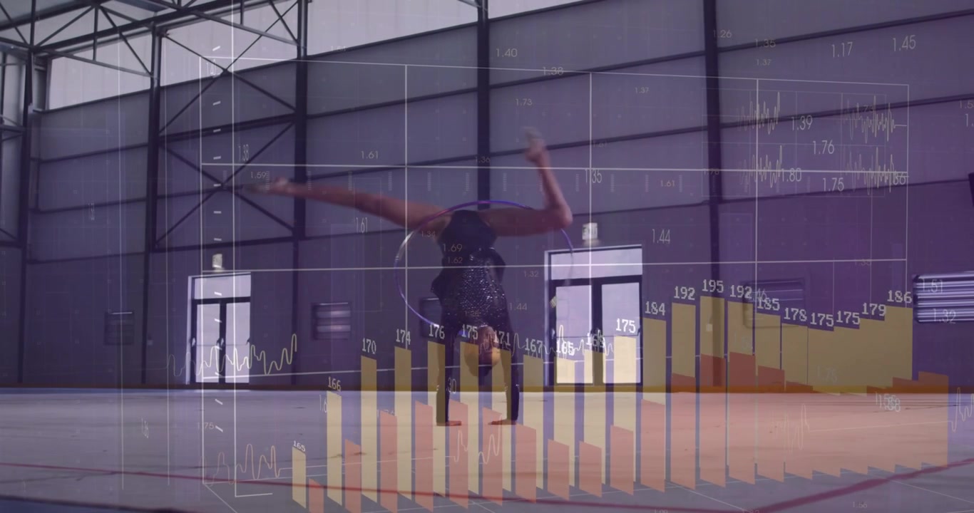 Gymnast kommer ind fra venstre og slipper ringen, udfører spring og akrobatik, mens et overlay sporer målinger.