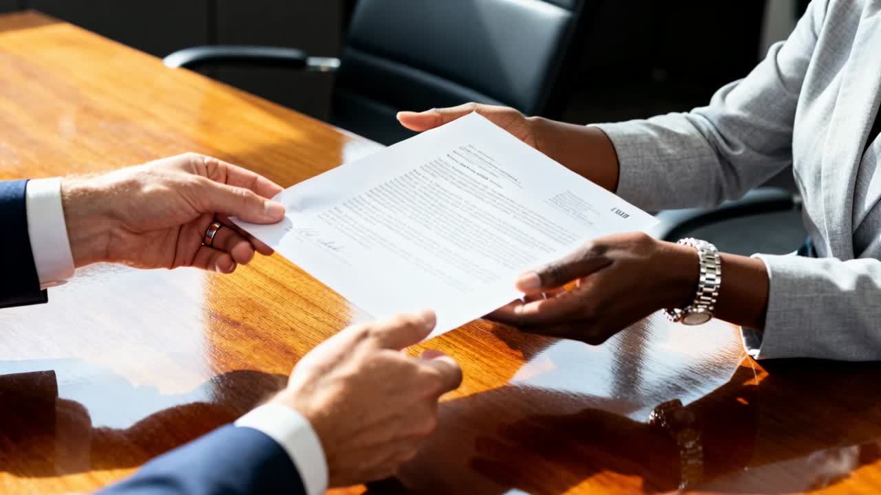 Extending hands toward paper, woman in blazer supporting, man in suit pulling for signing at table