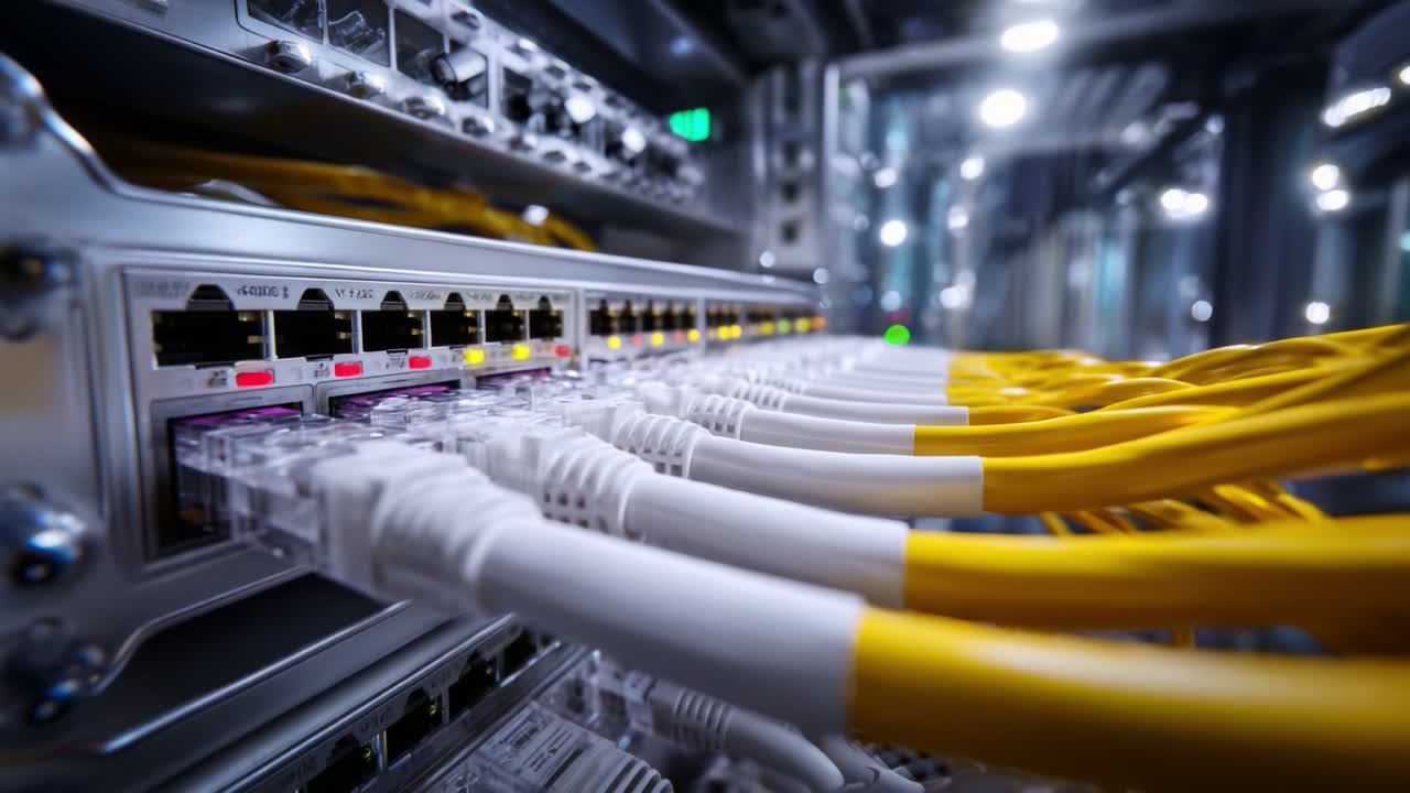 Detailed Close-Up of Network Cables in a Server Rack, Showcasing Various Ethernet Connections and Technology-Driven Workspace Environment