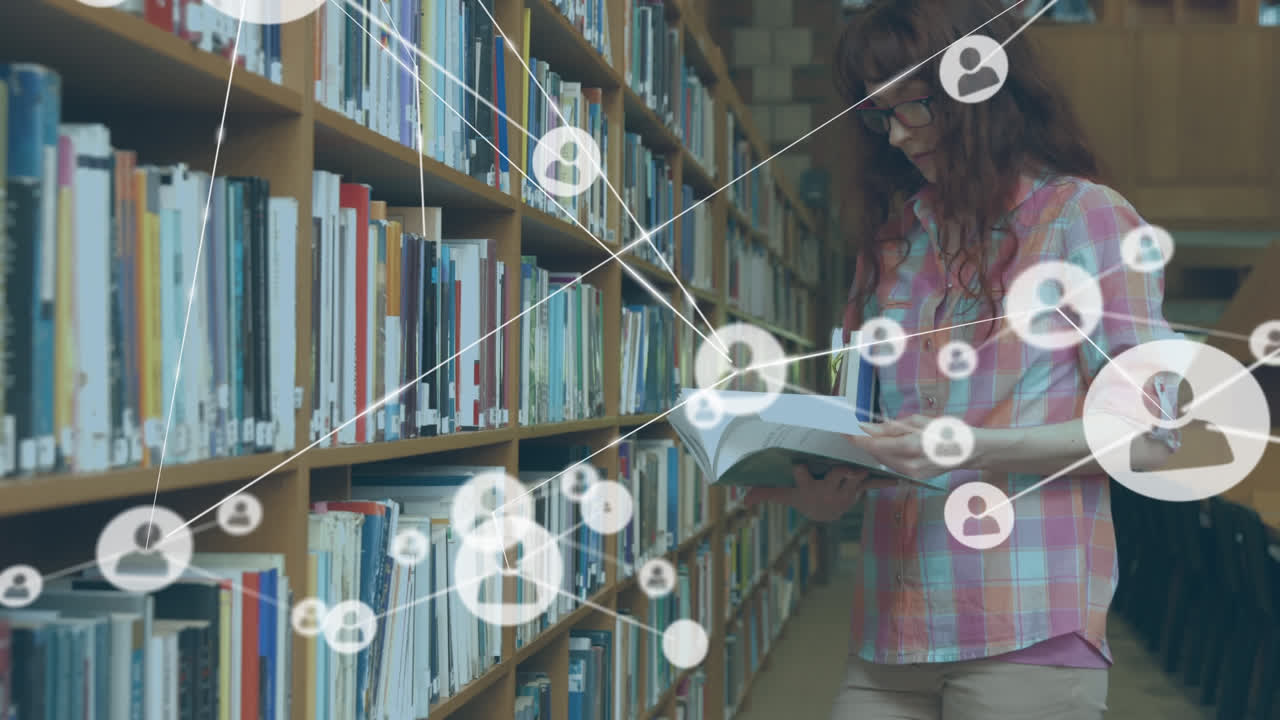 animación de una mujer leyendo un libro a través de una red de conexiones en el fondo.