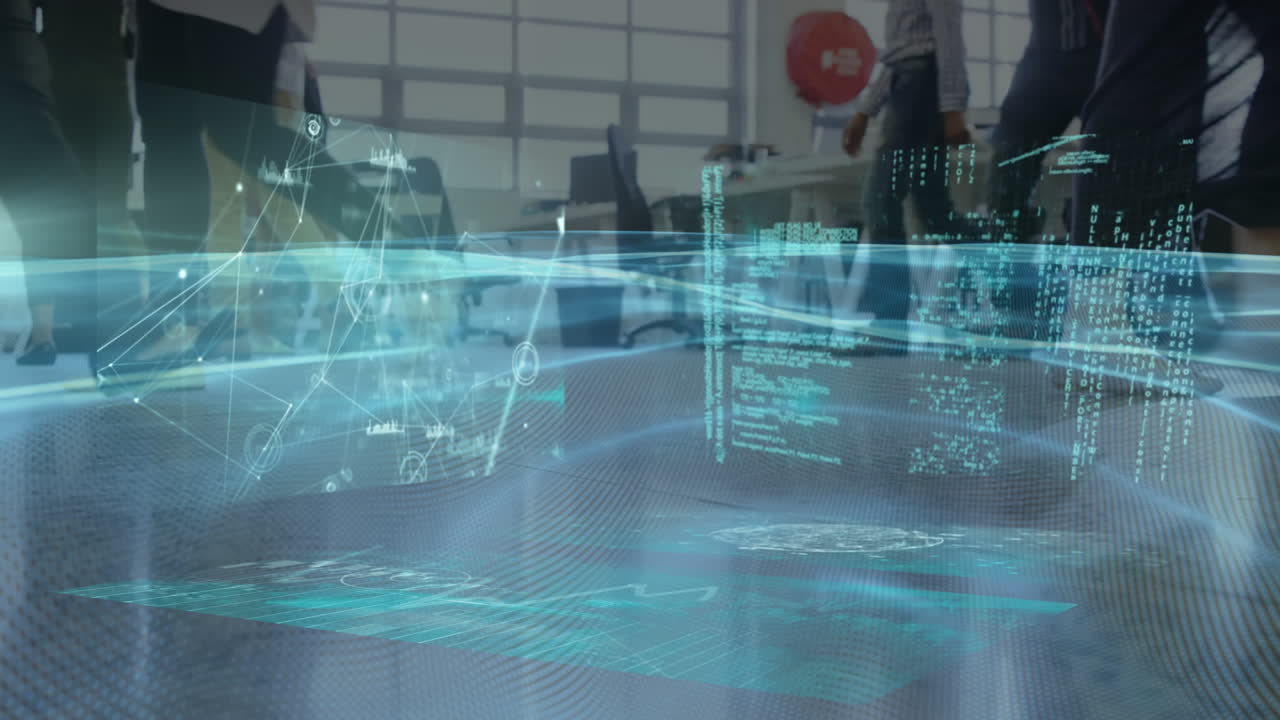 Animation of financial data processing over business people walking