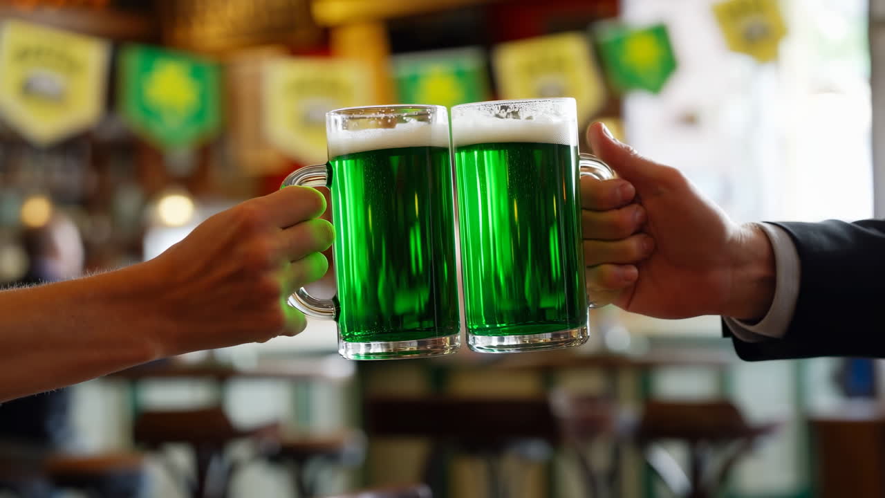 Due persone che brindano con boccali di birra verdi in un pub festivo