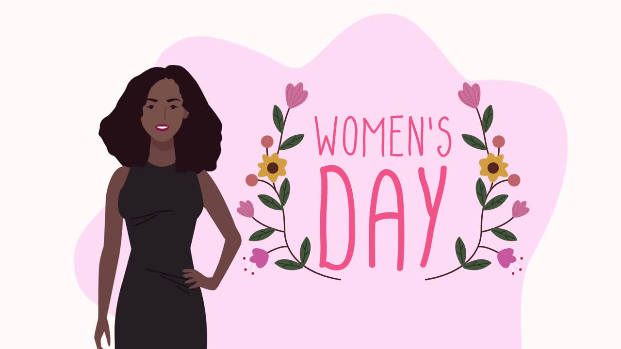 felicità per la giornata delle donne con lettere afro donna e fiori