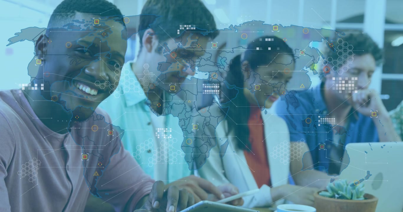 Diverse Team Collaborating in Modern Office with Digital World Map Overlay