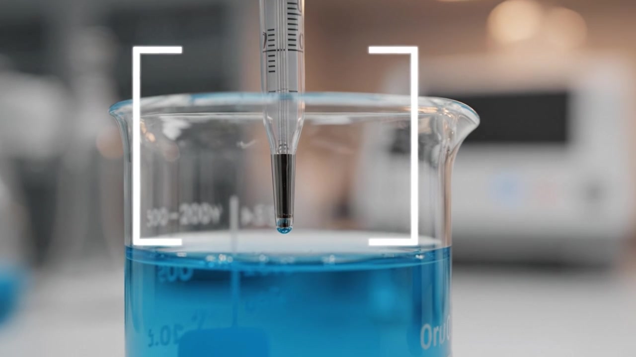 Precision in Laboratory: A Syringe Injects a Liquid Sample into a Beaker Filled with Blue Solution, Showcasing Scientific Experimentation and Analysis