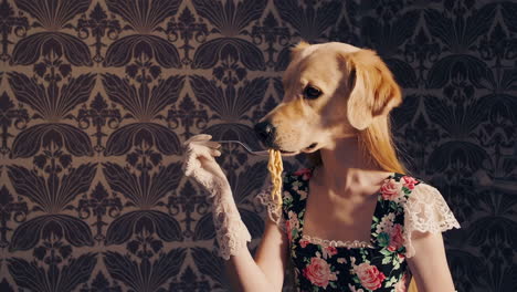 woman with golden retriever head eating spaghetti