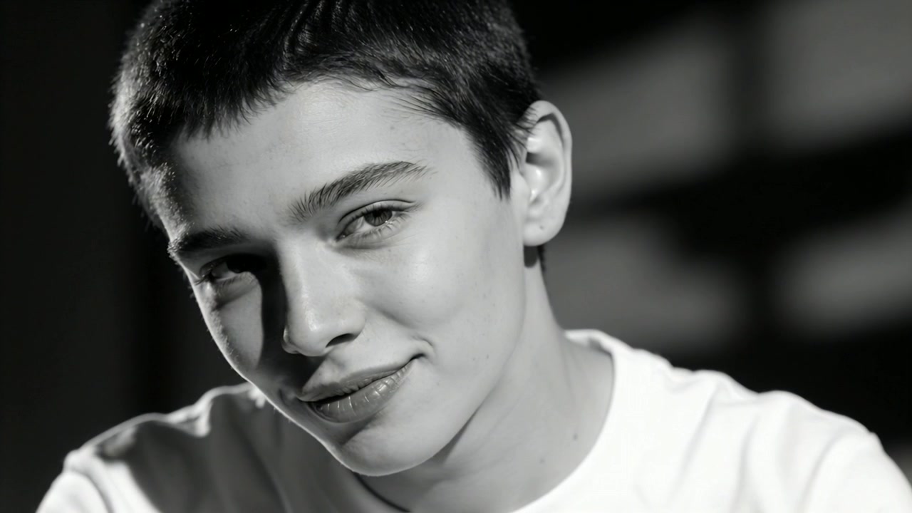 Smiling teen male responding to photographer cue, turning toward camera in studio