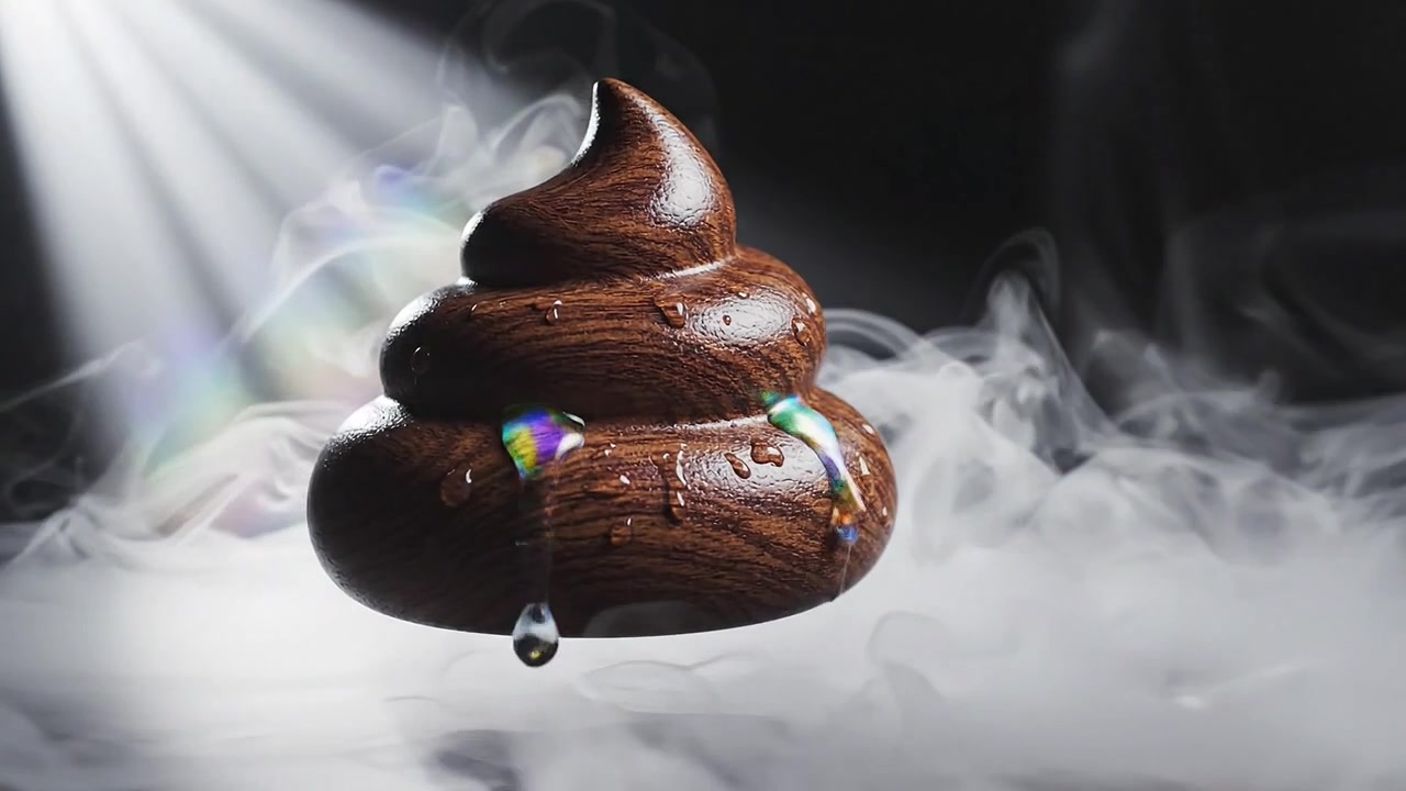 A mesmerizing and artistic depiction of a wooden sculpture resembling feces, surrounded by ethereal fog and highlighted by dramatic lighting for a surreal effect.