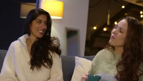 two female friends sitting on sofa at home or in bar or cafe talking and drinking coffee together 2