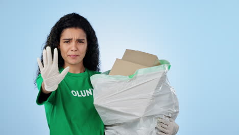Woman,-volunteer-and-garbage-for-waste
