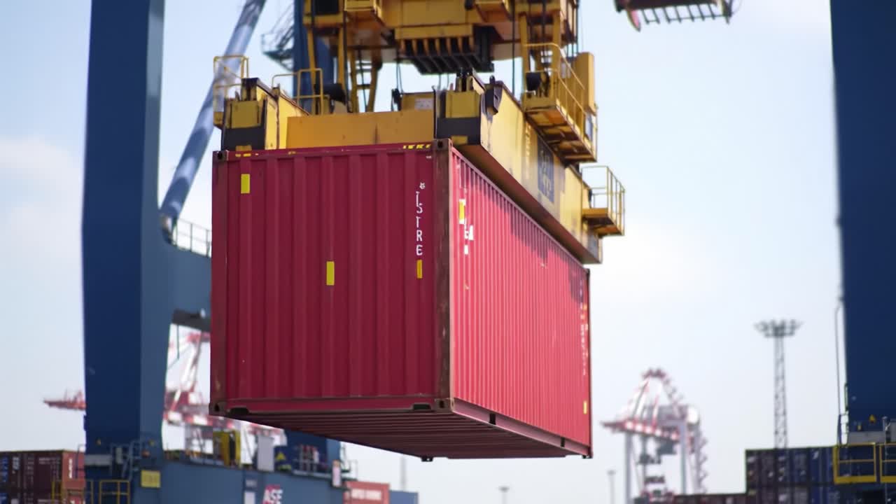 A large crane carefully lifts a red shipping container at an active port, showcasing the efficiency of cargo operations amidst numerous containers and cranes.