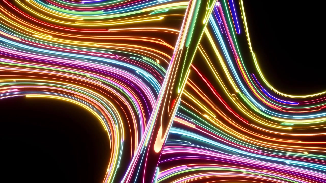 Nastri neon vibranti e multicolori che scorrono su sfondo nero, scie luminose curve e fluide, movimento cinematografico