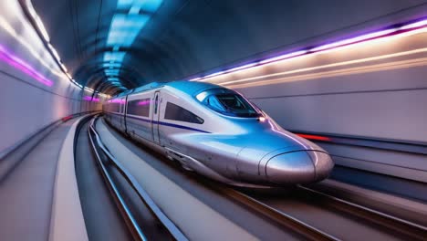 high-speed bullet train in a futuristic neon tunnel