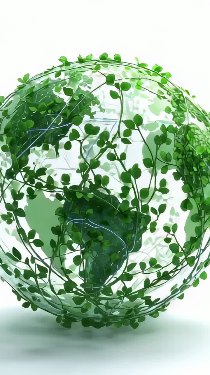 Video verticale: su vetro animato globo che ruota e si inclina in set bianco, per mostrare terra verde e piante rampicanti