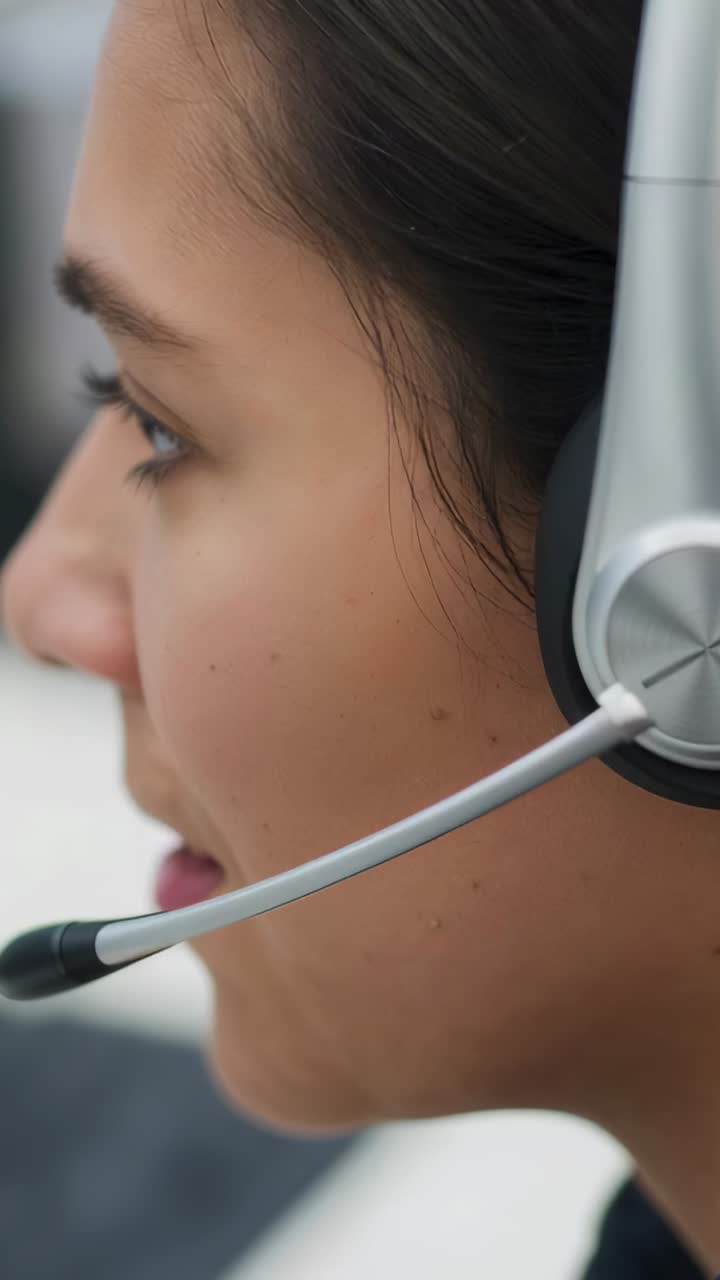 Video verticale: operatore di call center che risponde a una chiamata alla scrivania in ufficio, con microfono e cuffie