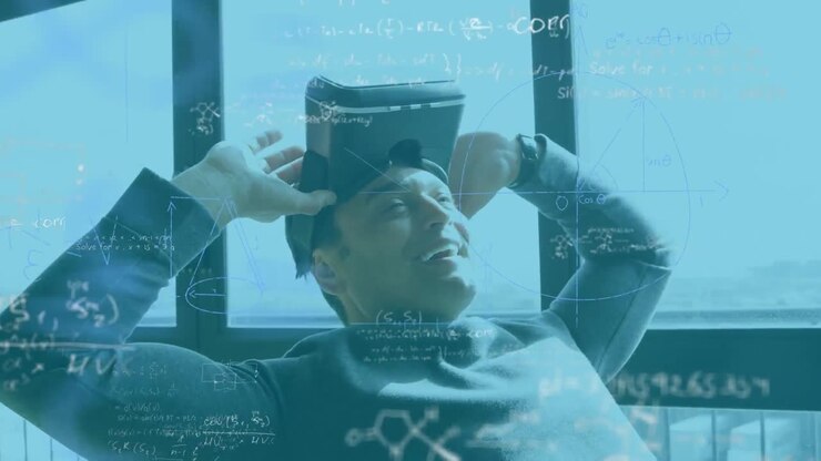 Animation of mathematical formulas over businessman using vr headset