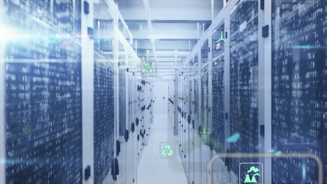 animation of icon in circles over binary codes on data server racks in server room